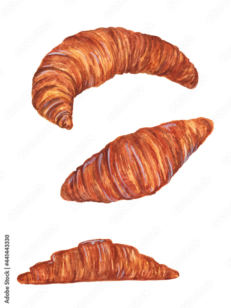 Croissant, flour product. Food, restaurant. Set. Isolated on a white background. Watercolor illustration. Croissant, flour product. Food, restaurant. Set. Isolated on a white background. Watercolor illustration.