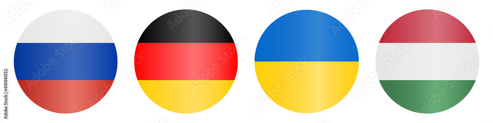 Flags of countries. Russia, Germany, Ukraine, Hungary. Horizontal lines. Set of colored vector icons. Isolated white background. National symbol of the state. Political topics. Flat style. Flags of countries. Russia, Germany, Ukraine, Hungary. Horizontal lines. Set of colored vector icons. Isolated white background. National symbol of the state. Political topics. Flat style.