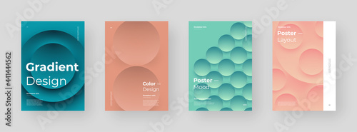 Abstract set Placards, Posters, Flyers, Banner Designs. Colorful illustration on vertical A4 format. 3d geometric shapes. Decorative neumorphism backdrop.