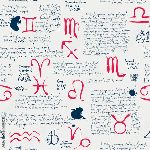 Abstract seamless pattern with red zodiac signs and black handwritten text Lorem ipsum on an old paper backdrop. Vector background in the style of sketches and notes from diary of an astrologer
