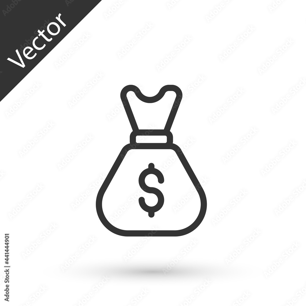 Grey line Old money bag icon isolated on white background. Cash Banking currency sign. Vector Grey line Old money bag icon isolated on white background. Cash Banking currency sign. Vector