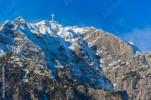 Canvas Print Caraiman Mountain Cross, Bucegi Mountains, view from Busteni City, Prahova Valle