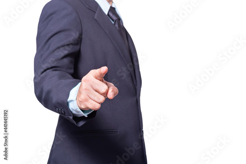 Portrait business man wearing a suit point finger forward isolated on white background with clipping path (select focus at finger) © Surasak
