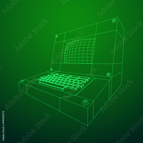 Classic retro perconal computer. Programming code concept. Wireframe low poly mesh vector illustration