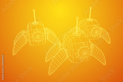 Spider robot with radar antenna. Nanobot, nanotechnology medical concept. Wireframe low poly mesh vector illustration