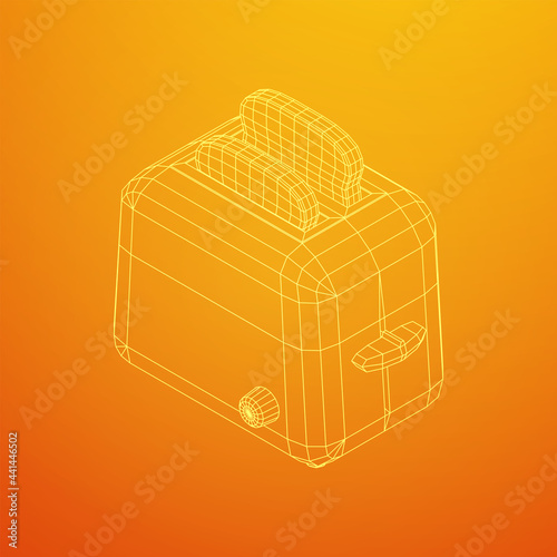Toaster with two fried pieces of loaf prepared for a breakfast. Wireframe low poly mesh vector illustration.