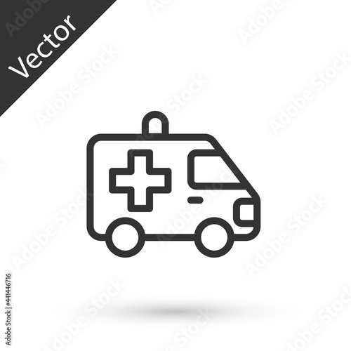 Grey line Ambulance and emergency car icon isolated on white background. Ambulance vehicle medical evacuation. Vector