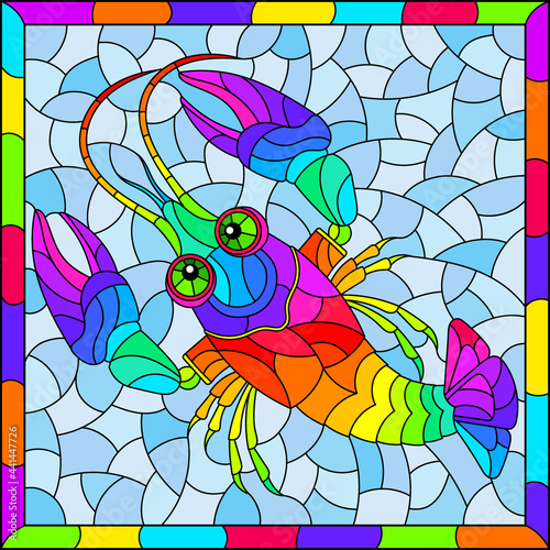 An illustration in the style of a stained glass window with a bright rainbow cancer, a rectangular image in a bright frame