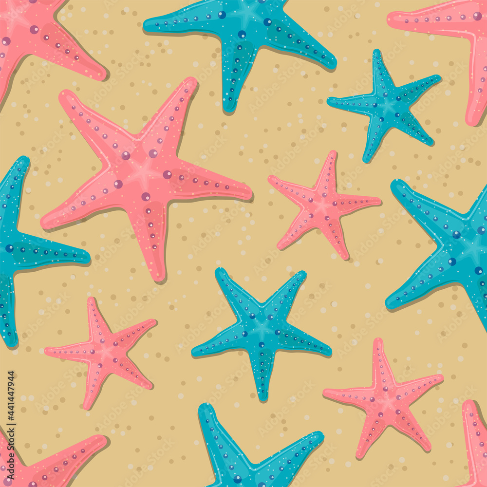 Bright starfishes on the sand seamless pattern. Vector illustration Bright starfishes on the sand seamless pattern. Vector illustration