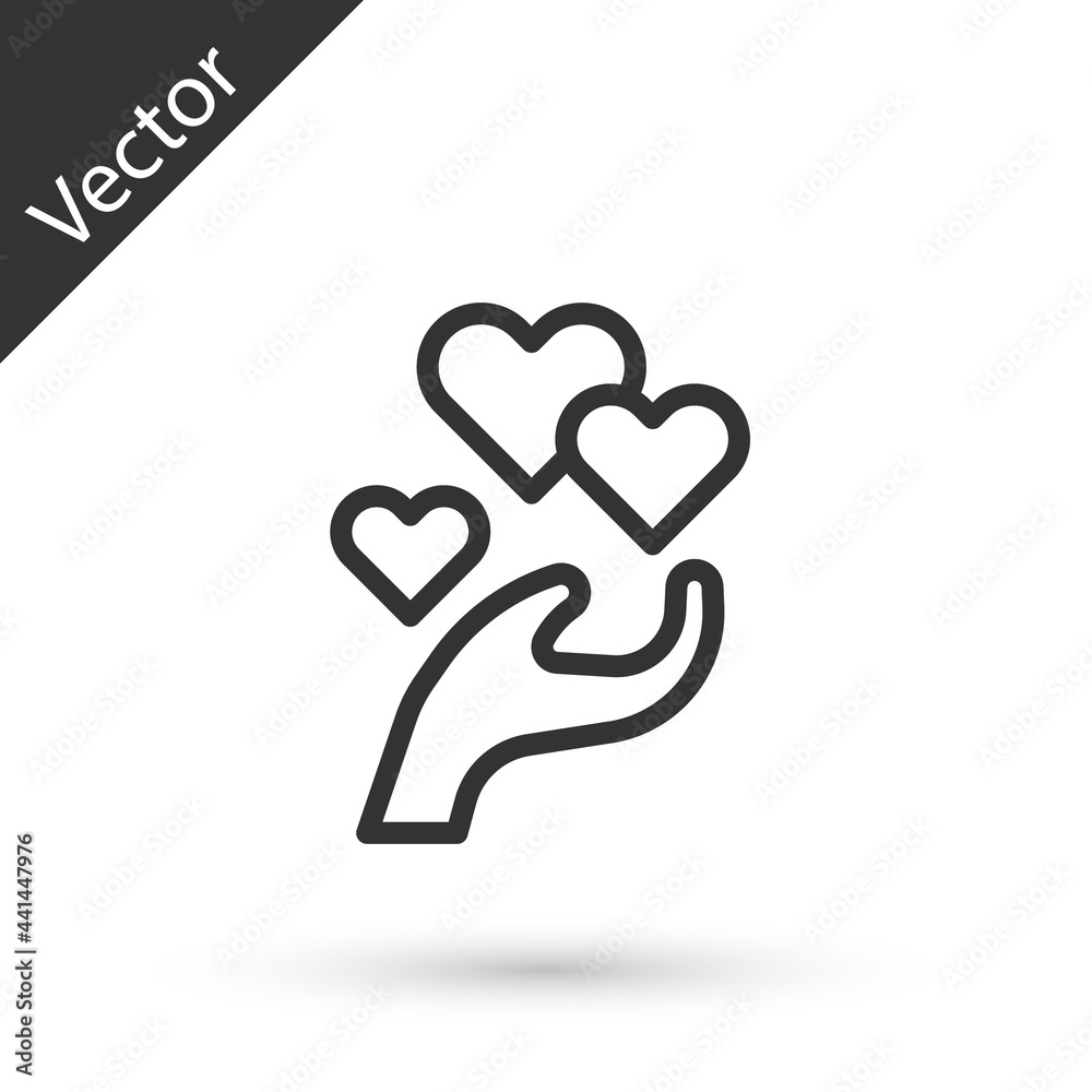 Grey line Heart in hand icon isolated on white background. Hand giving love symbol. Valentines day symbol. Vector Grey line Heart in hand icon isolated on white background. Hand giving love symbol. Valentines day symbol. Vector