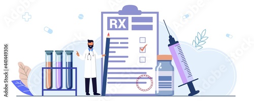 RX medical prescription drug vector illustration concept Medicine prescription with medicines Prescription form Doctor writes signature in recipe Disease therapy pills Painkiller drugs Pharmacy