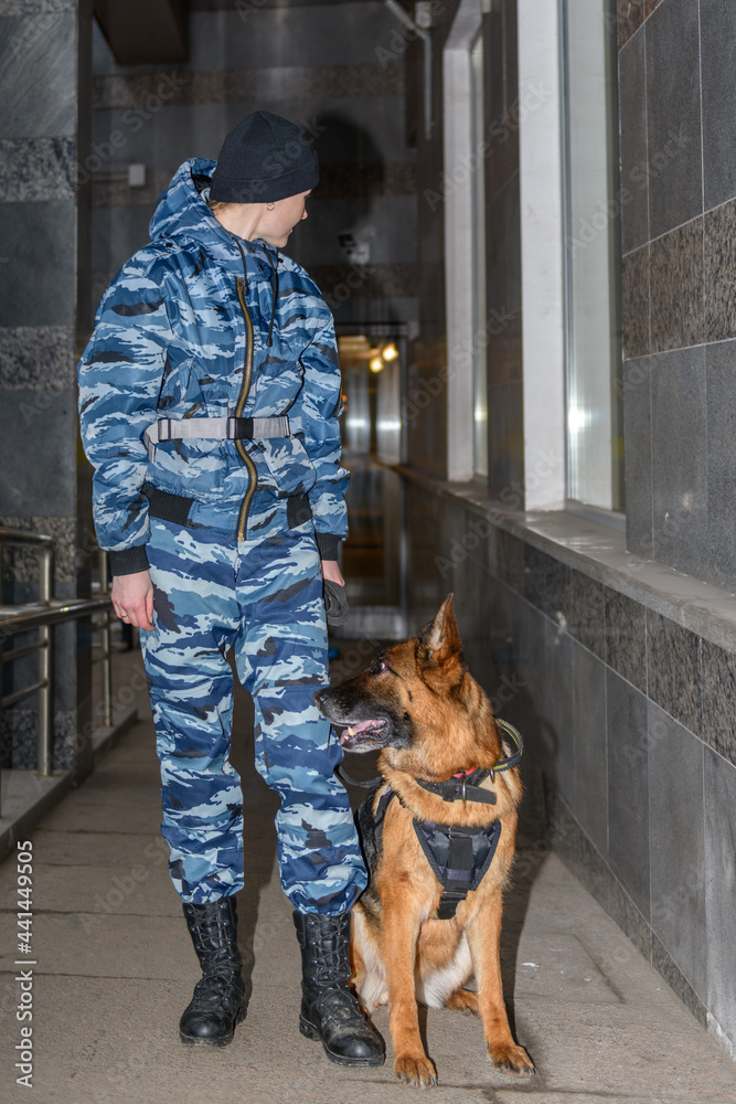 Female police officers with a trained dog. German shepherd police dog. Female police officers with a trained dog. German shepherd police dog.