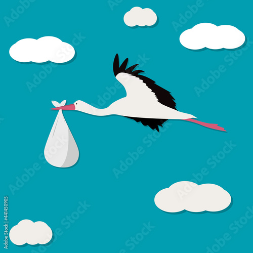 Stork delivering baby. Hand drawn vector illustration in paper-cut style