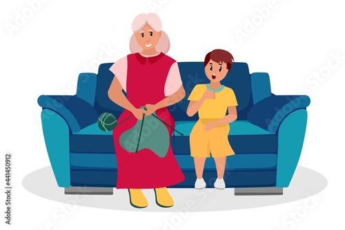 The older woman is a grandmother with her grandson sitting on the couch. Elderly people are cartoon characters. Old age. Vector illustration of a flat style, isolated on a white background