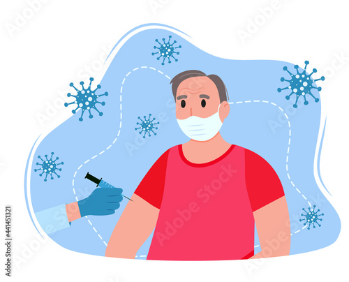The grandfather is being vaccinated against the coronavirus. Coronavirus vaccine. Doctor with a syringe. Vector illustration.