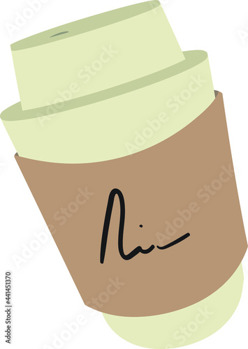 A Cup of Coffee inn a to go container with name on it isolated on white background. 