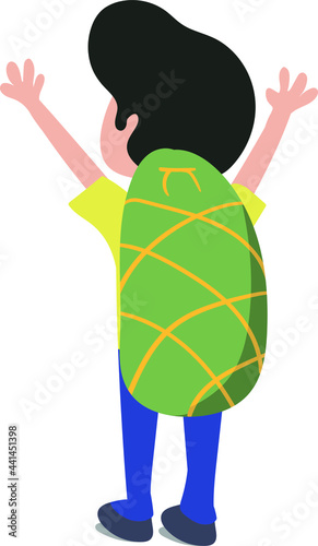 Man traveling around the world with backpack on his back. Yellow Shirt Blue pant Green Backpack. Scalable Vector Clipart Isolated on White Background.