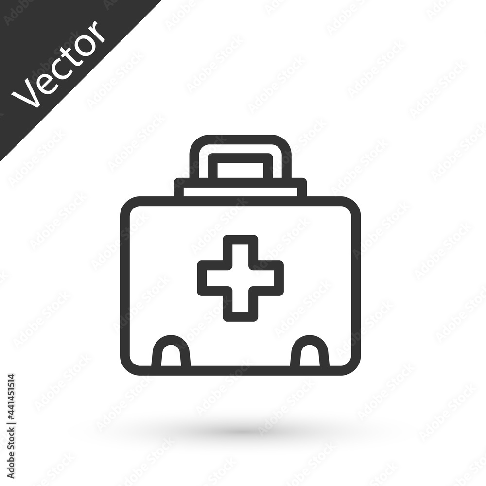 Grey line First aid kit icon isolated on white background. Medical box with cross. Medical equipment for emergency. Healthcare concept. Vector Grey line First aid kit icon isolated on white background. Medical box with cross. Medical equipment for emergency. Healthcare concept. Vector