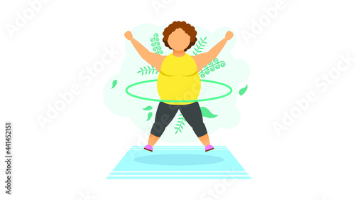 Abstract Flat Fat WoMan With Hoop Cartoon People Character Concept Illustration Vector Design Style With Leaves Physical Exercises Sport Jump