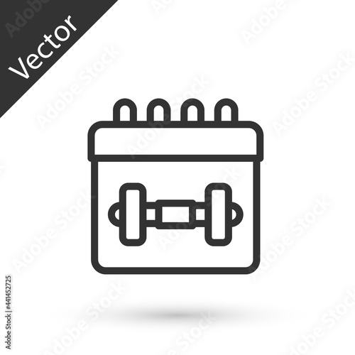 Grey line Calendar fitness icon isolated on white background. Training schedule. Vector