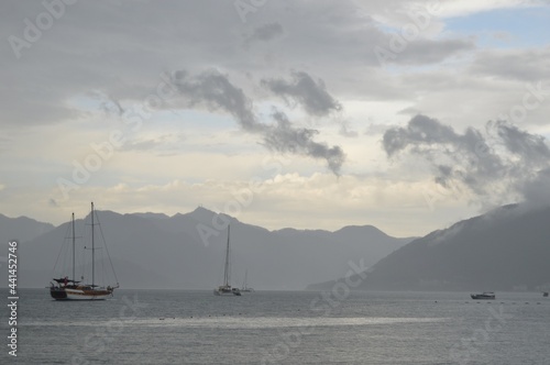 Marmaris, Turkey. Seascape of Aegean Bay Sea with yachts in raining day.