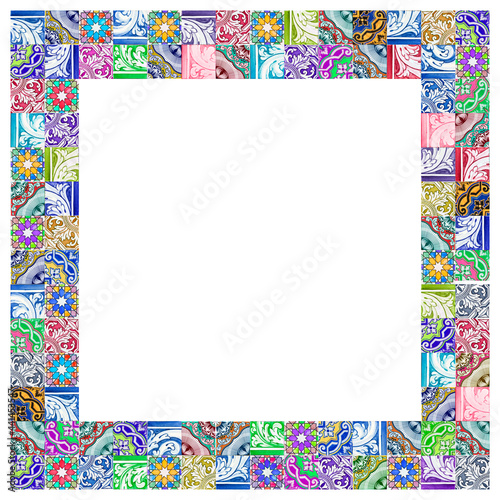 Composition of typical portuguese decorations with colored ceramic tiles called -azulejos- concept image with copy space