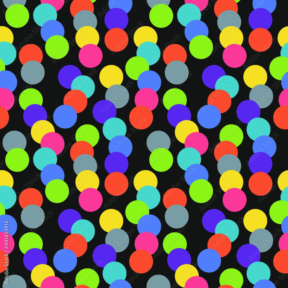 Bright multicolored circles on a black background. Circles of different colors overlap each other. Seamless background for any use.