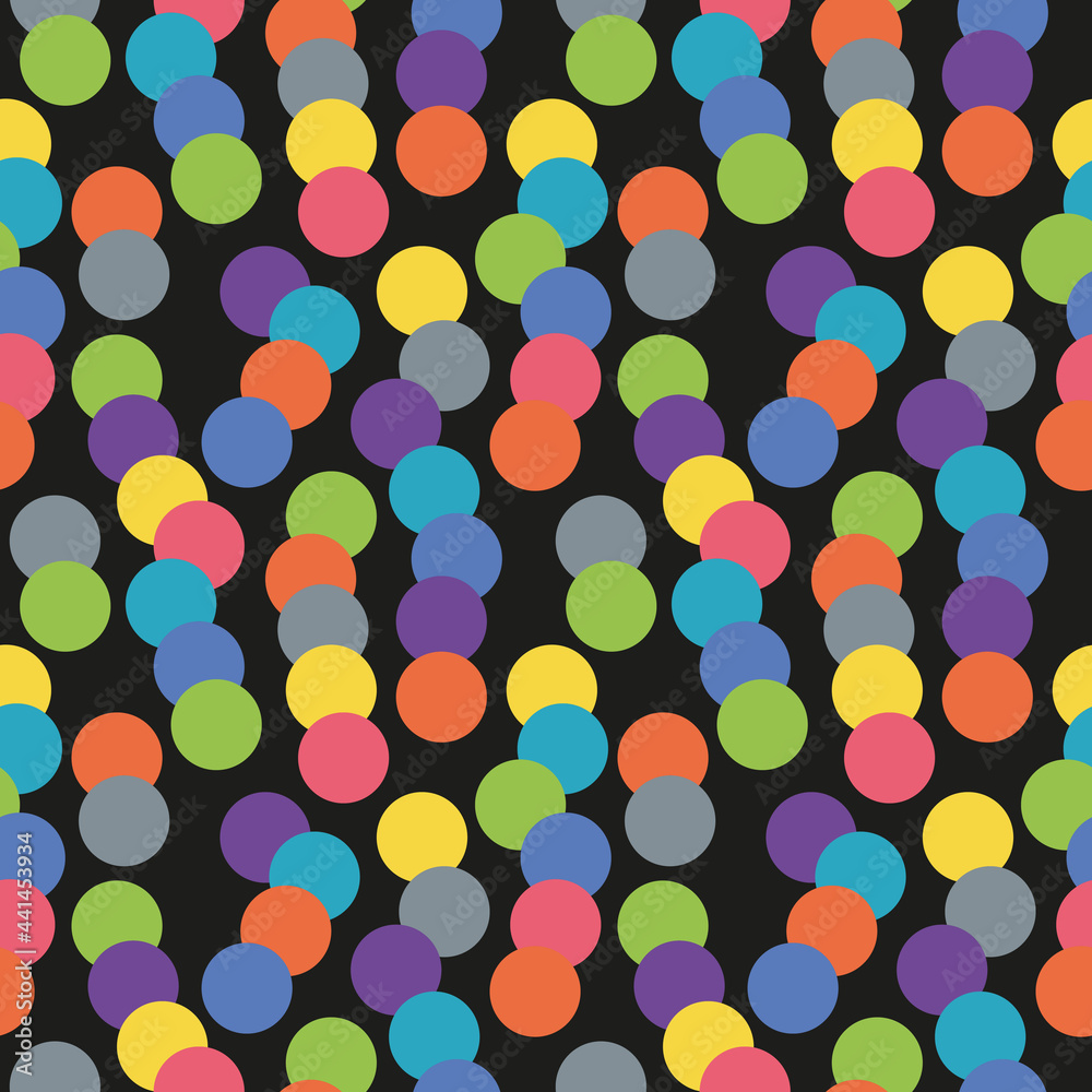 Bright multicolored circles on a black background. Circles of different colors overlap each other. Seamless background for any use.