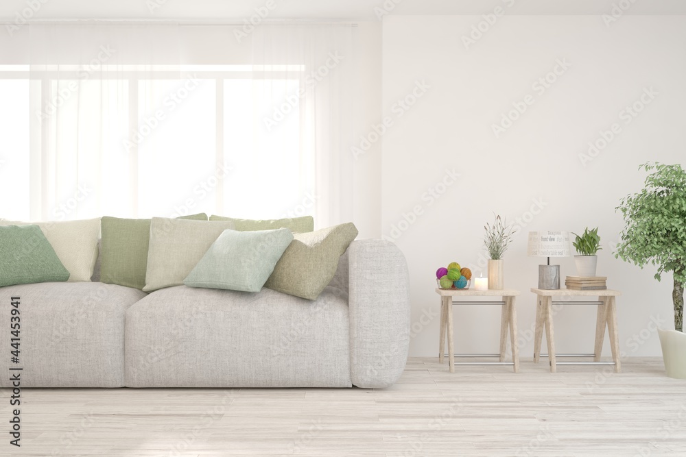 Fototapeta premium Soft color living room with sofa. Scandinavian interior design. 3D illustration