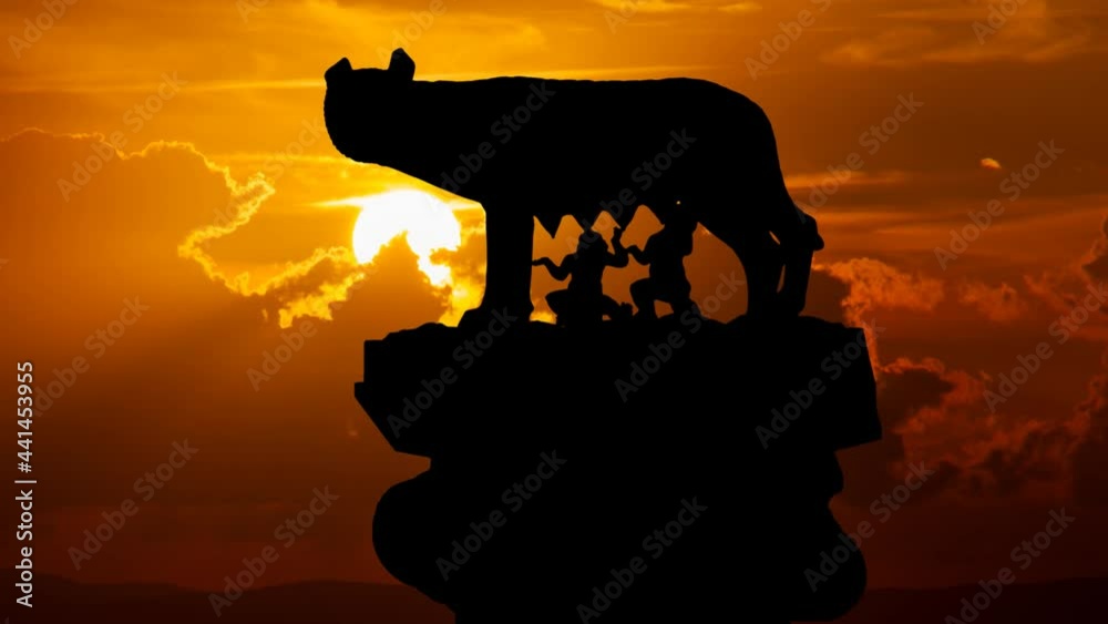 Capitoline Wolf, Time Lapse at Sunset with Red Sun and Fiery Sky, Rome, Italy