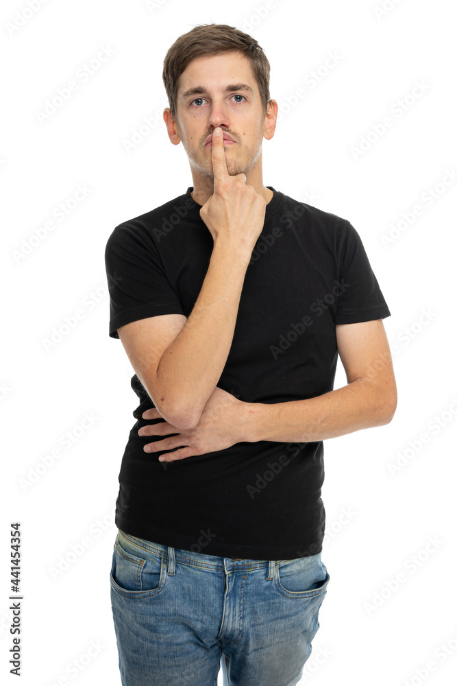 Young handsome tall slim white man with brown hair thinking with his finger  over his mouth in black shirt isolated on white background Stock Photo |  Adobe Stock