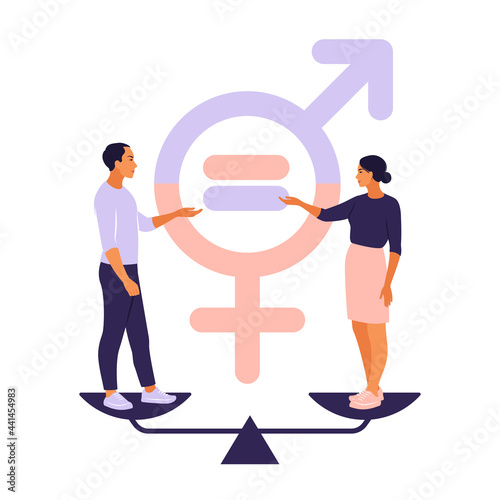 Gender equality concept. Men and women character on the scales for gender equality. Vector illustration. Flat.