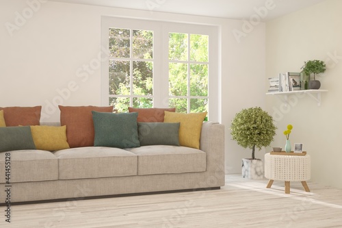 Wallpaper Mural White living room with sofa and summer landscape in window. Scandinavian interior design. 3D illustration Torontodigital.ca