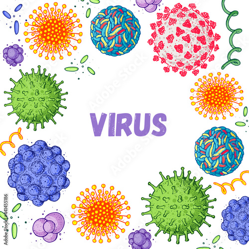 Different kinds of virus collection. Hand drawn illustration. Respiratory virus infection. Corona virus. Coronavirus 2019-nCoV and other viruses. Macro drawing.