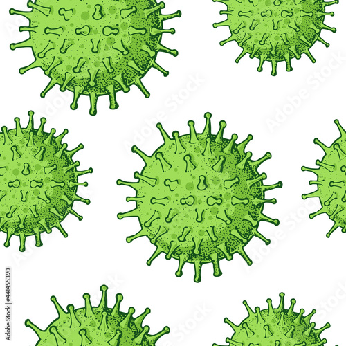 Coronavirus COVID-19 seamless pattern. Biology organisms background. Respiratory virus infection illustration. Hand drawn corona virus illustration