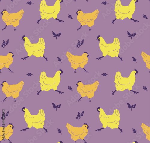 Cute marching chickens seamless pattern with doodle effect. Can be used for baby clothes and accessories, blankets, pajamas, stationeries, kitchen towels, farm, cottage core lifestyle products 