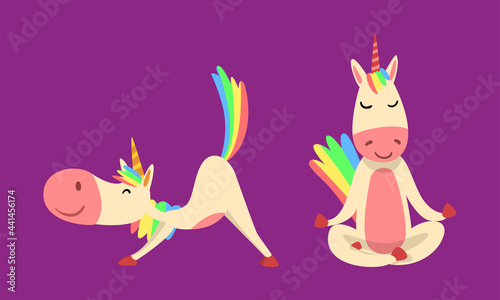 Funny Unicorn Character with Rainbow Mane and Tail Practicing Yoga Exercises Vector Set