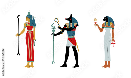Anubis, Isis and Bastet as Ancient Egyptian Goddess and Deity Vector Set