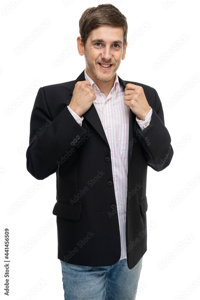 Young handsome tall slim white man with brown hair smiling in black blazer isolated on white background Young handsome tall slim white man with brown hair smiling in black blazer isolated on white background