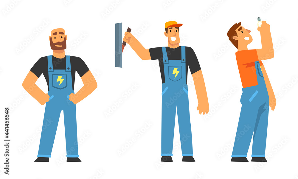 Man Electrician in Blue Overall with Professional Tools Engaged in Maintenance and Repair Electrical Infrastructure Vector Set Man Electrician in Blue Overall with Professional Tools Engaged in Maintenance and Repair Electrical Infrastructure Vector Set