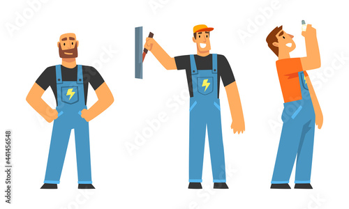 Man Electrician in Blue Overall with Professional Tools Engaged in Maintenance and Repair Electrical Infrastructure Vector Set