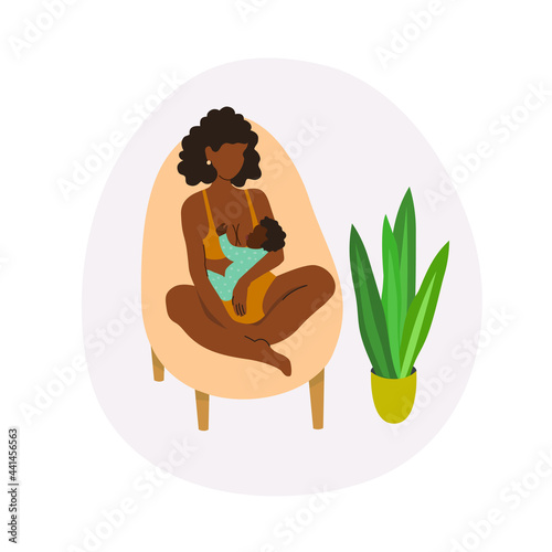 Vector cartoon illustration of Beautiful black mother Breastfeeding illustration, mother feeding a baby with breast. Lactation concept
