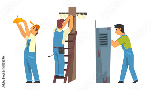 Man Electrician in Blue Overall with Professional Tools Engaged in Maintenance and Repair Electrical Infrastructure Vector Set