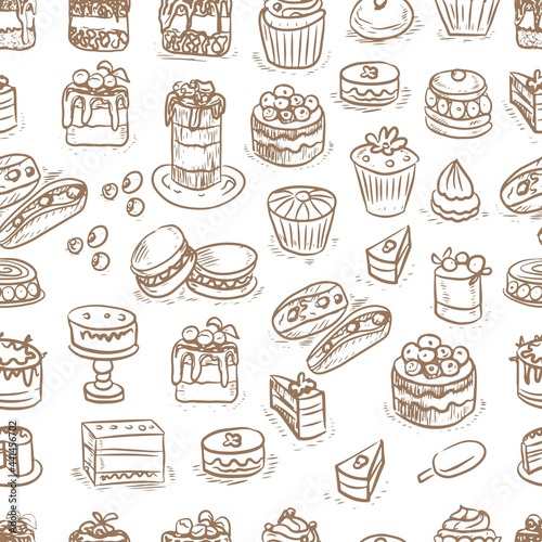 
Pastries  cakes cupcakes vector graphics  engraving sketch. hand drawn picture sweet food menu cooking dough sweets. print textile logo background patern seamless
