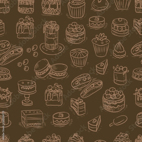  Pastries cakes cupcakes vector graphics engraving sketch. hand drawn picture sweet food menu cooking dough sweets. print textile logo background patern seamless 