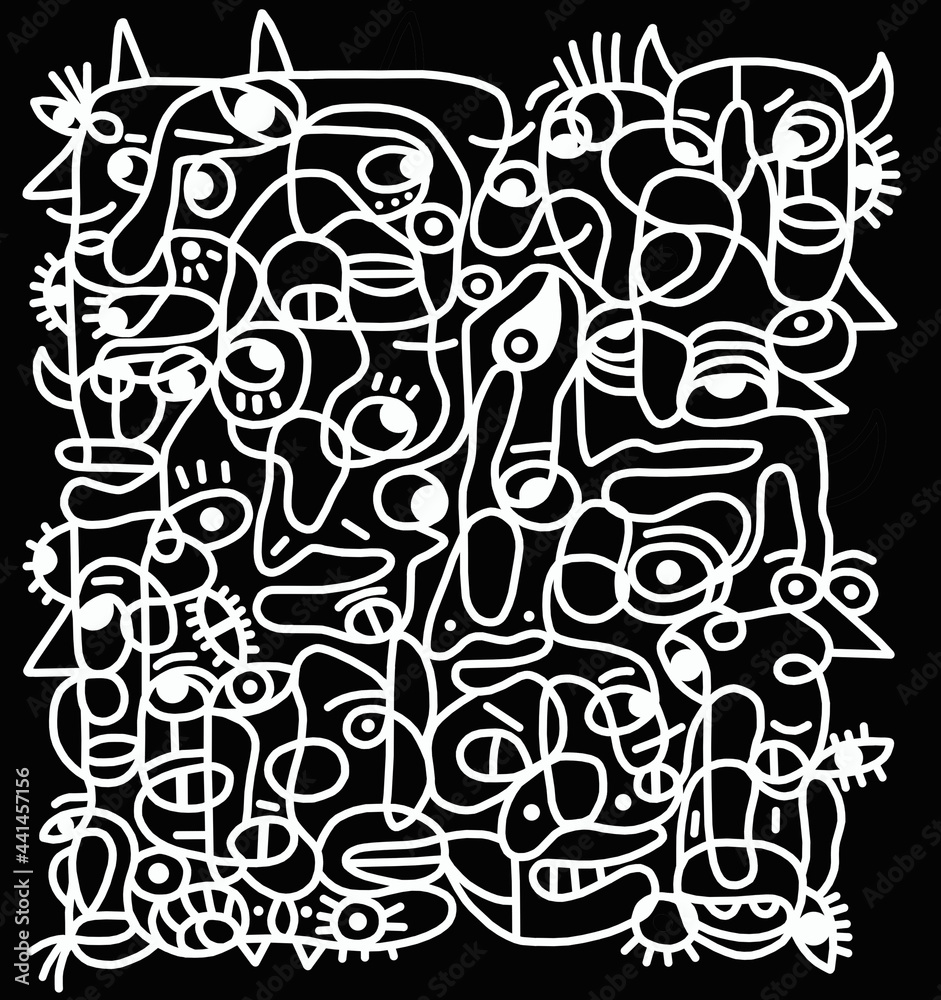Black and white cartoon pattern on black background, abstract design