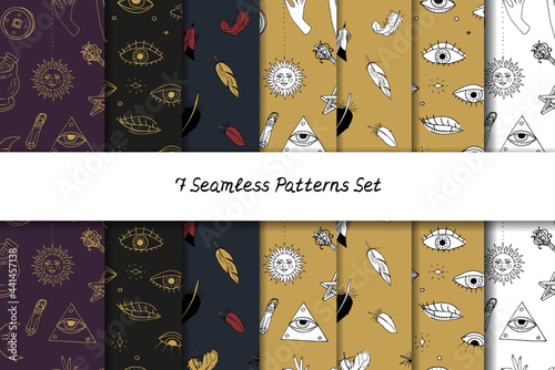 Seamless patterns set with hand drawn doodle line art celestial bodies and magic items. Spiritual mystic repeat textures collection. On golden earthy background.