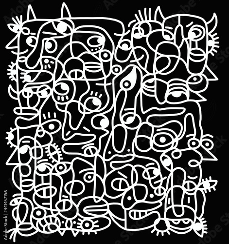 Black and white cartoon pattern on black background  abstract design