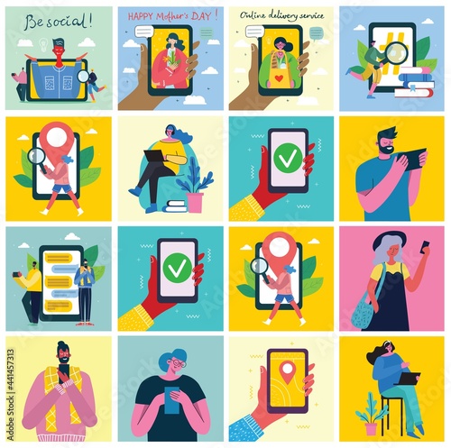 Set of people, men and women with different signs. Vector graphic objects for collages and illustrations.