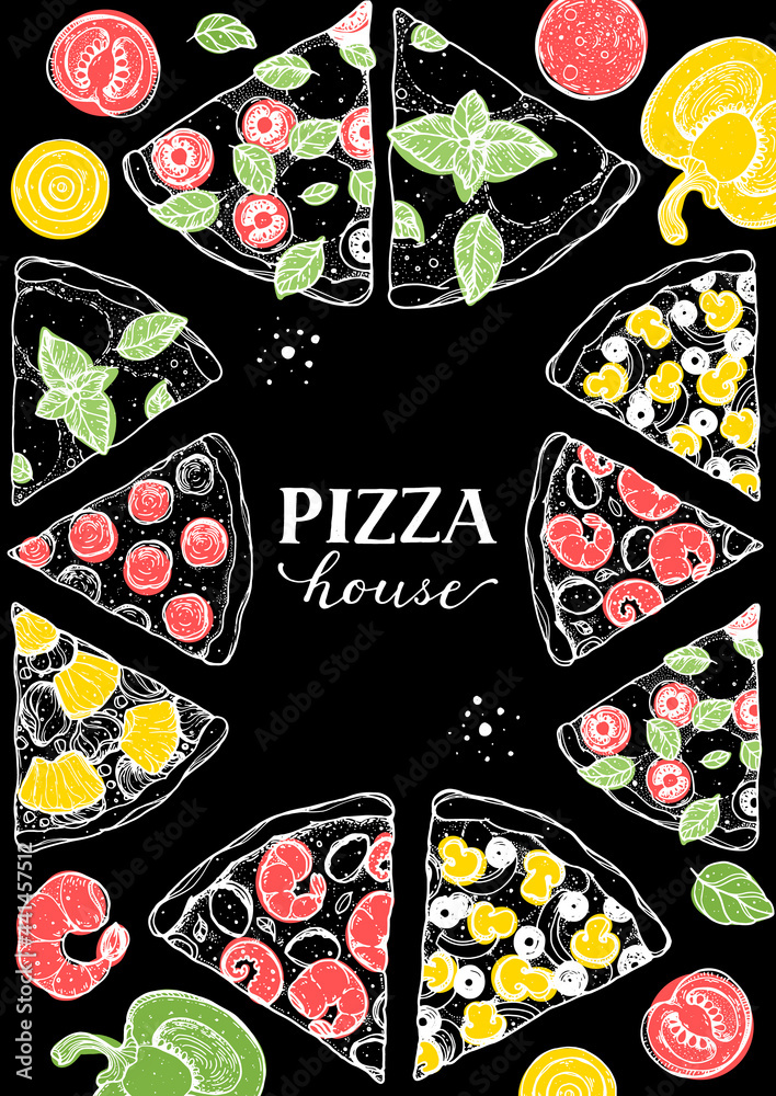 Italian pizza vector illustration. Hand drawn sketch pizza. Italian food. Package design. Pizza slices illustration. Italian pizza vector illustration. Hand drawn sketch pizza. Italian food. Package design. Pizza slices illustration.